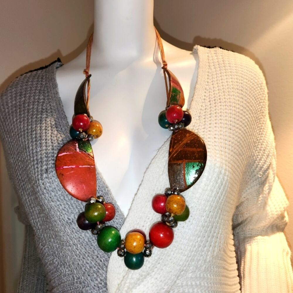VTG Boho Chunky Wooden Bead & Dyed Shell Statement Necklace Tropical Multicolor